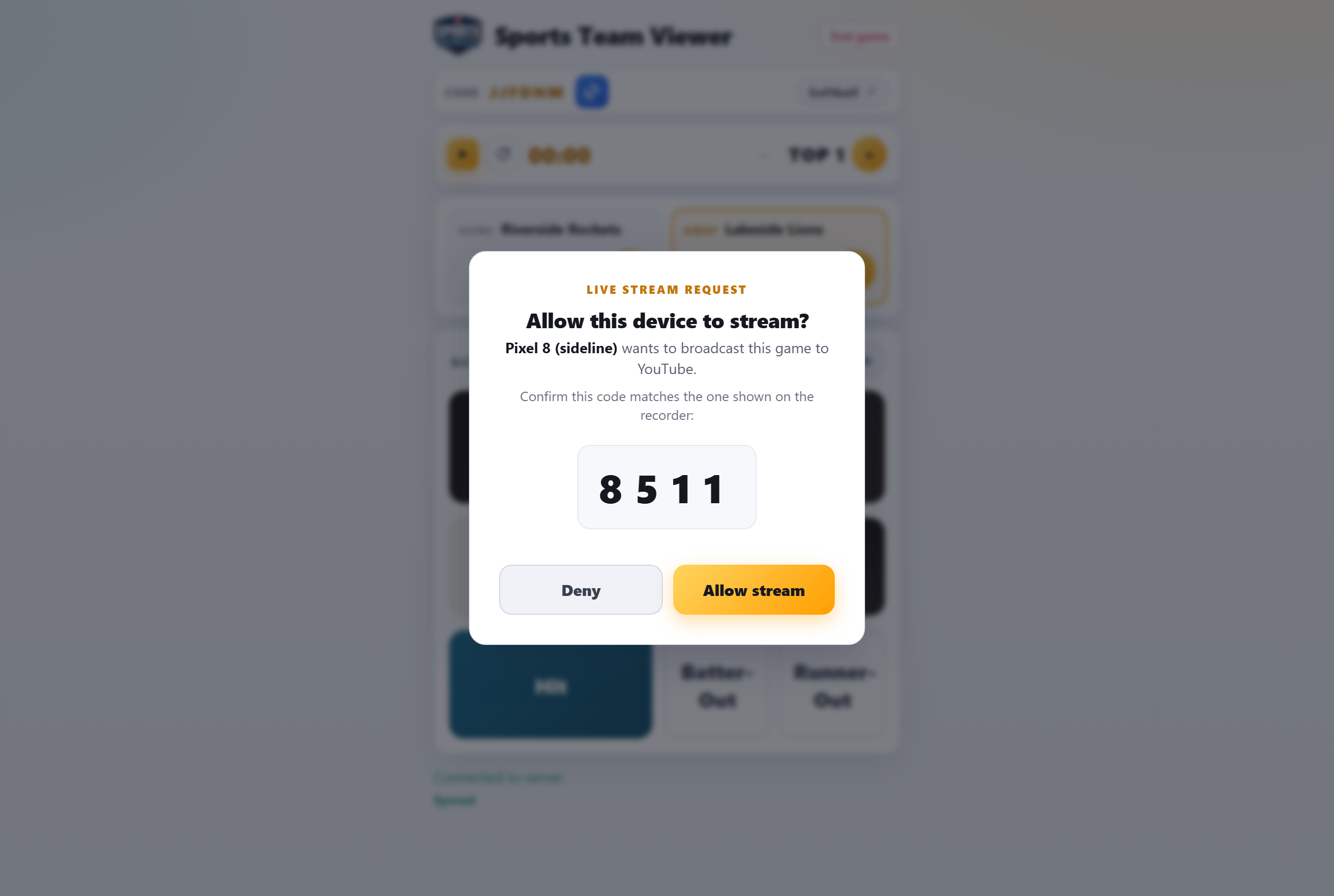 Confirm the pairing code matches, then tap “Allow stream.”