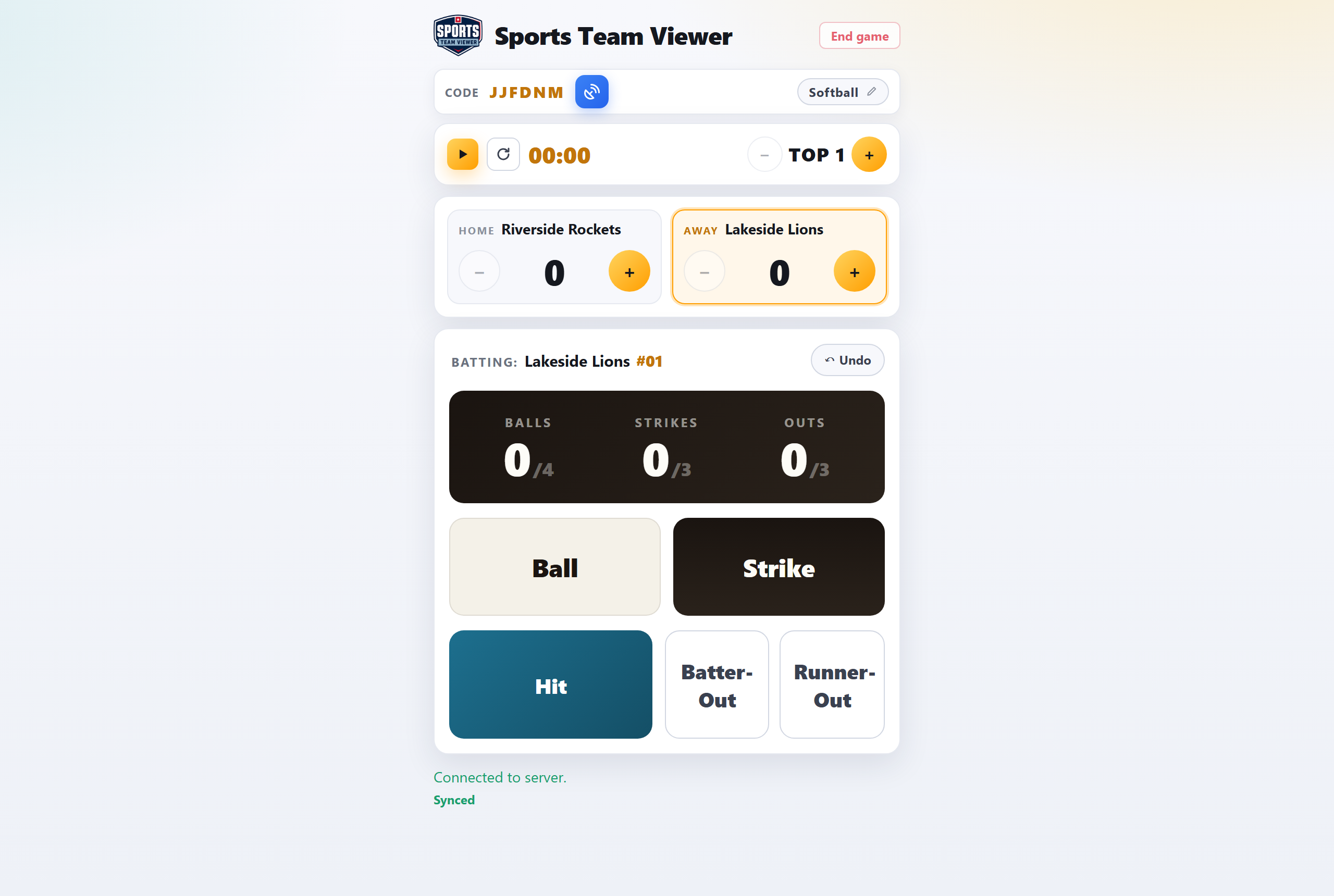The control screen — adjust score, clock, and period here.