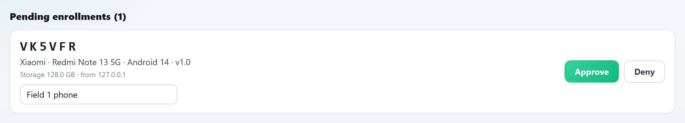 The Devices page — approve a pending camera and give it a label.