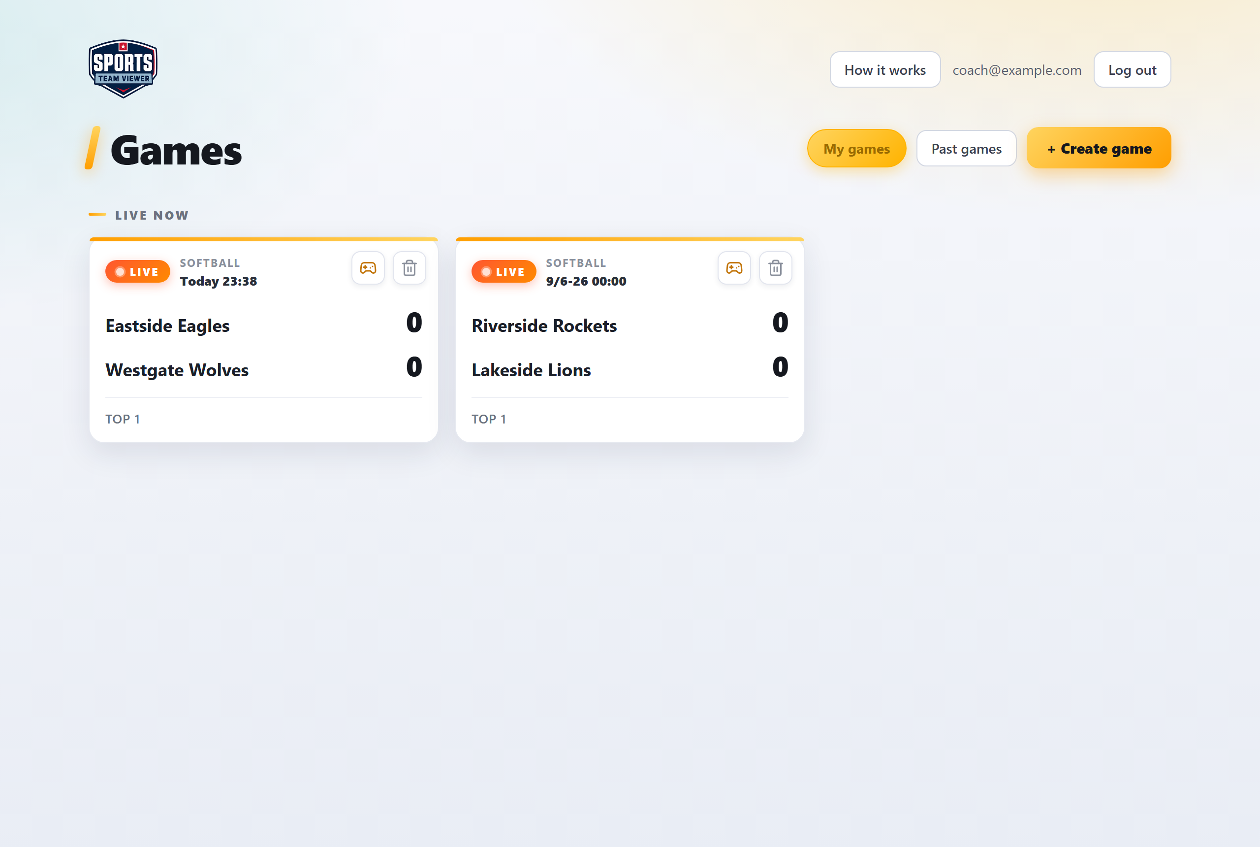 The Games screen, with the “+ Create game” button top-right.