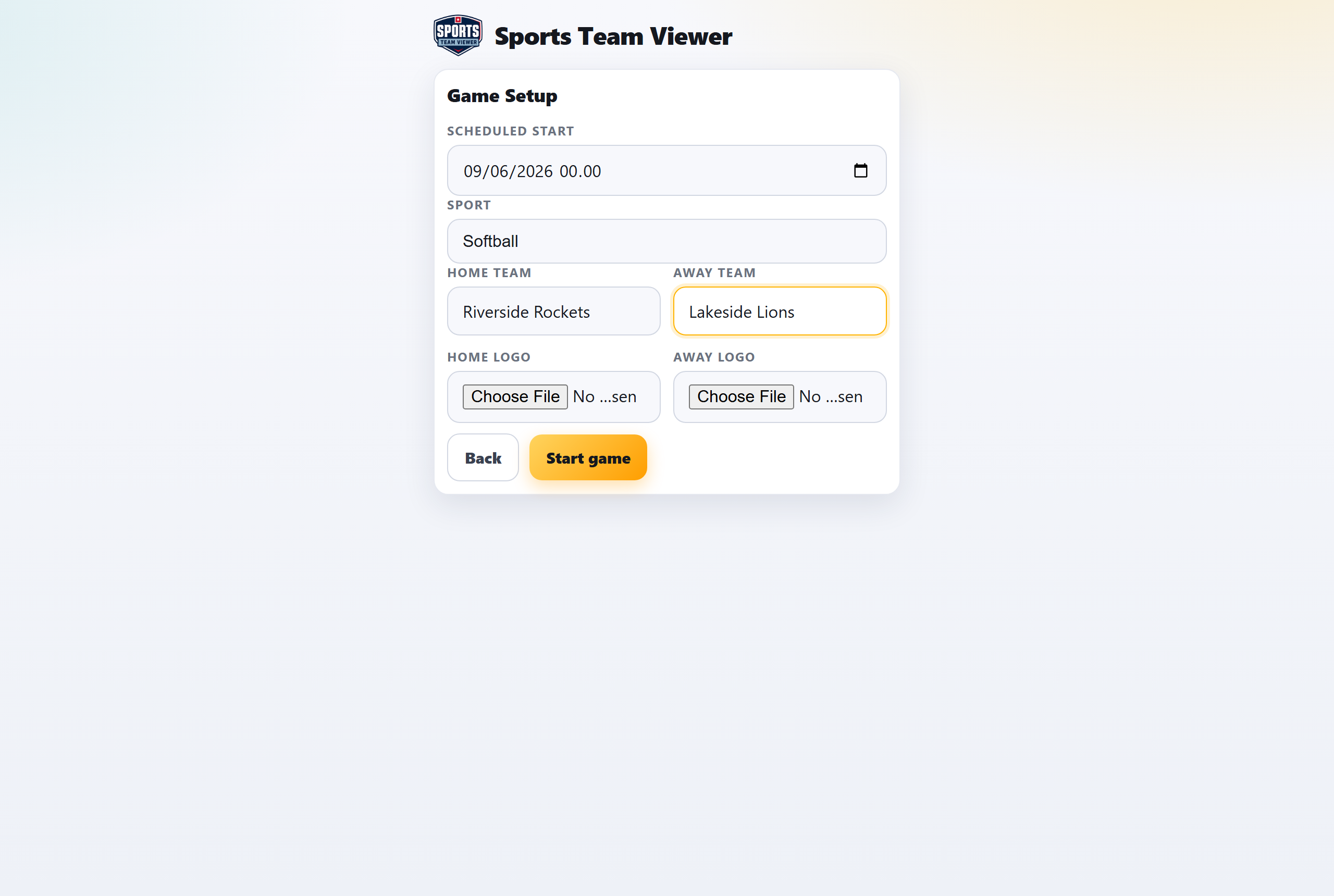 Setting the sport, team names, and logos.