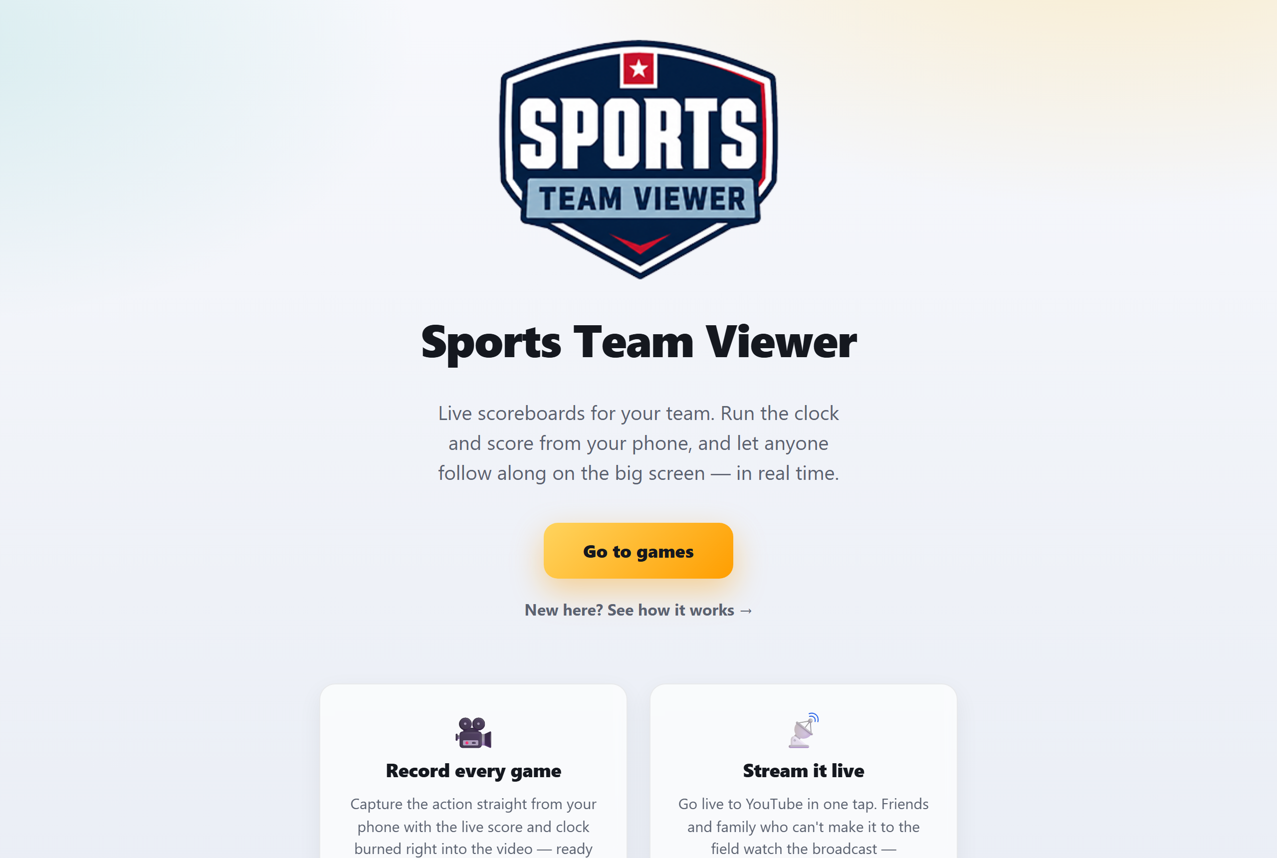 The welcome screen — tap “Go to games” to start.