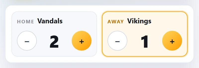 Vandals 2 – Vikings 1. Vikings are batting, so their card is orange.
